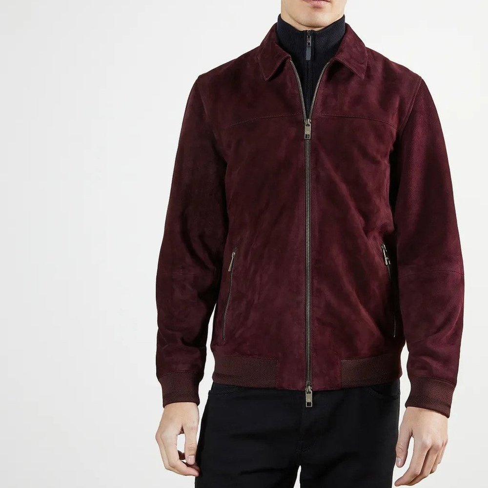 TED BAKER Wyye Suede Bomber Jacket in Deep Purple (Burgundy)